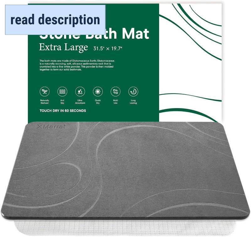 lot 161572 image: Extra Large Stone Bath Mat, Diatomaceous Earth Mat, 31.5x19.7  Super Absorbent, Modern Quick Drying Diatomite Bathmats, Non-Slip Base, Easy Clean for Shower Floor & Bathroom (Dark Gray)