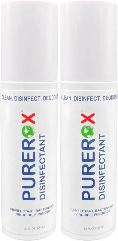 lot 461418 image: PUREROX disinfectant (3.4oz, 2pk) TSA Approved travel size. Eliminate 99.9999% viruses Norovirus, MRSA, Fungus, Bacteria. Hospital Grade. Safe for Use Anywhere. No residue. Suitable for All Surfaces.