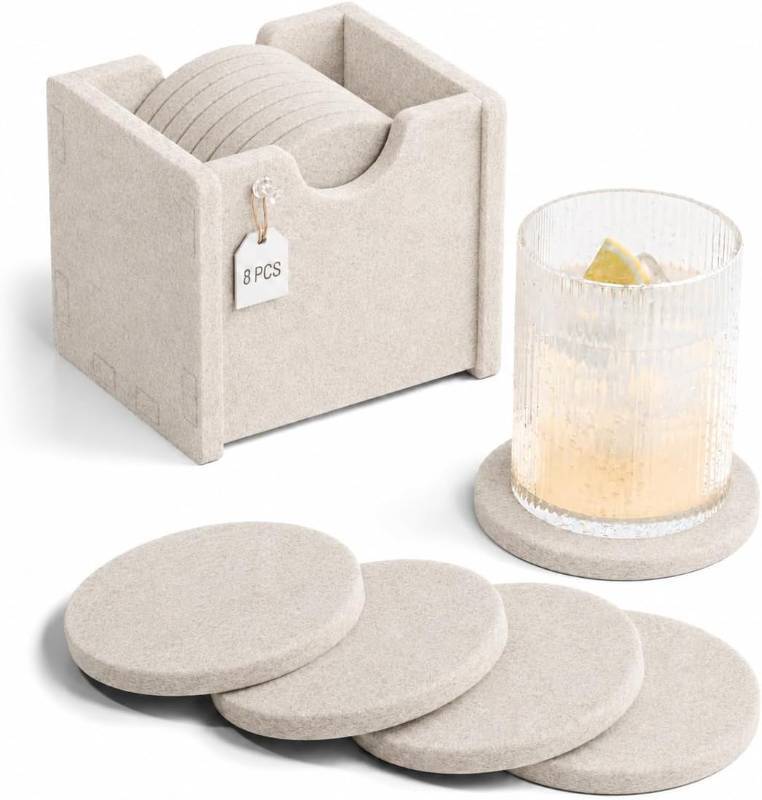 lot 152170 image: Fluxynara Felt Coasters with Holder, Set of 8 for Drinks, Oatmeal  Round Felt Coasters, Absorbent, Heat-Resistant & Reusable for Drinks, Ideal for Coffee Tables and Living Rooms, 3.94 Inch