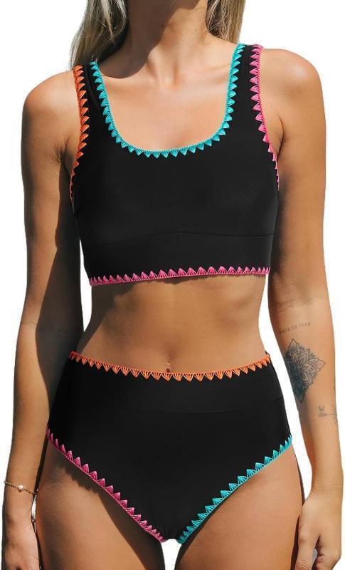 lot 351831 image: CUPSHE Women Bikini Sets Scoop Neck Sporty Two Piece Swimsuit Midkini  Soft Removable Cups,Wide Straps,High Waisted Bathing Suit,Stitching,Color Block,Tank Top,Swimwear For Vacation And Beach