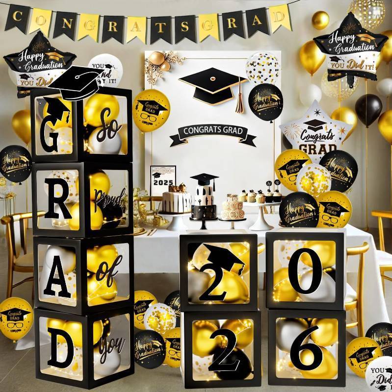 lot 452184 image: Graduation Decorations Class of 2026 - Black and Gold Graduation Decorations - Balloons Boxes with Letters 2026 GRAD So Proud of You, Congrats Grad Party Decorations for Any Grades