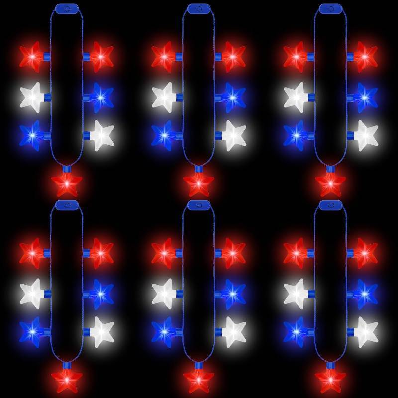 lot 452205 image: EOBOH 4th of July Accessories, 6PCS Fourth of July Light up Necklaces, Patriotic Independence Day 7 Bulb Red Blue White Stars Necklace, Glow Necklace for Memorial Day Parades Party Favors