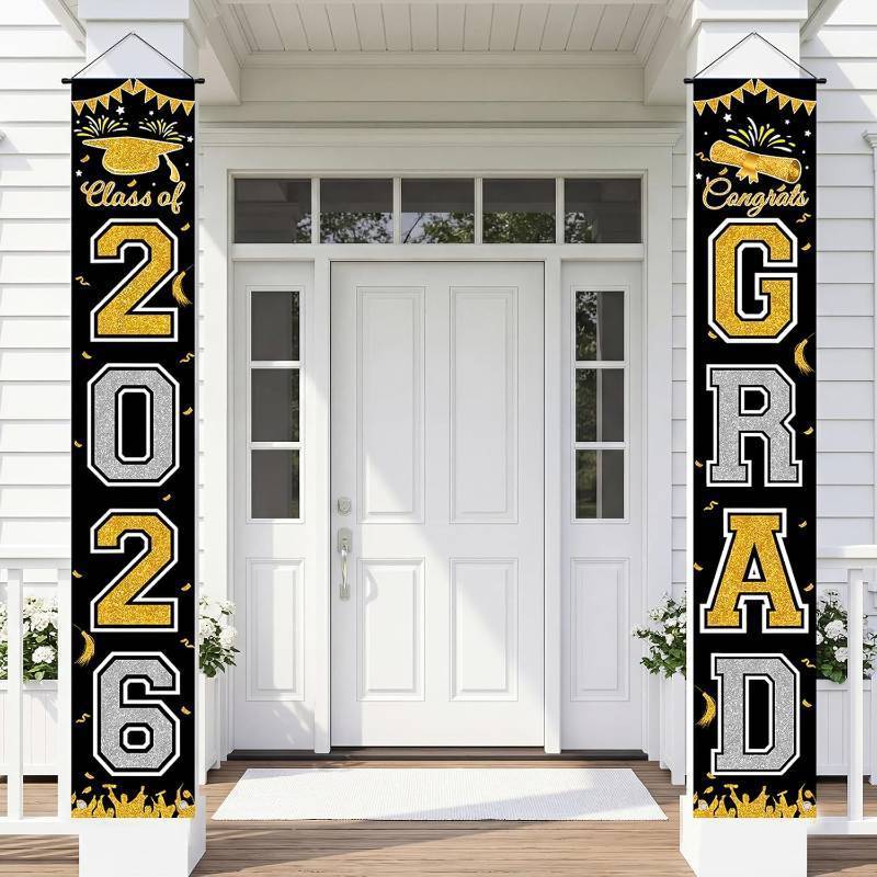 lot 452206 image: Graduation Banner 2026, Class of 2026 Banner, Black Gold Graduation Porch Banner Decorations for Front Door, Wall, Entryway, Indoor Outdoor Graduation Party Supplies (Black)