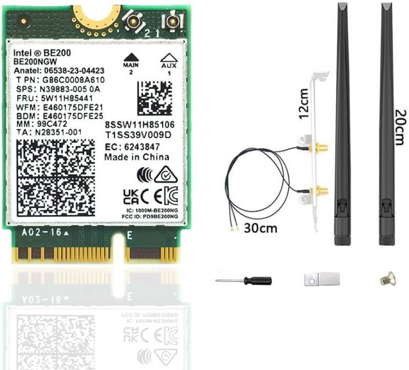 lot 342199 image: WiFi 7 BE200 NGW Wireless Card, Tri-Band 6GHz5GHz2.4GHz M.2 NGFF Bluetooth 5.4, Includes Ipex Cable, 8dBi Antennas and Brackets Support Windows 1011(64 bit)Linux, Not Support AMD. (with Antennas)