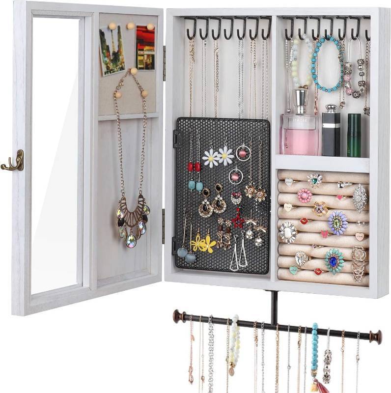 lot 452171 image: Keebofly Wall Mounted Rustic Wood Jewelry Organizer Cabinet - White  Large Hanging Holder Display for Necklaces, Earrings & Bracelets, Space Saving Ring Storage, Great Gift for Women