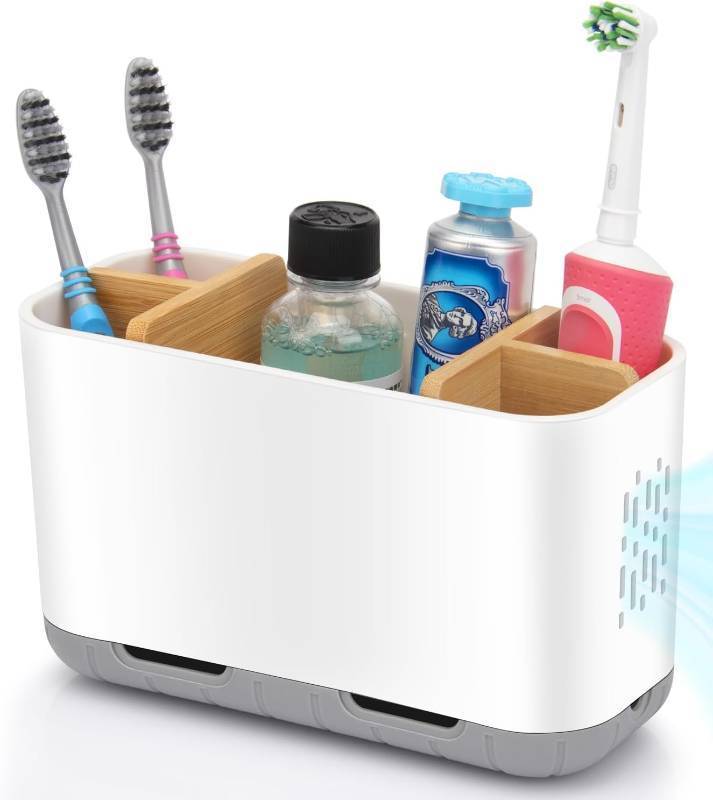 lot 231599 image: GFWARE Toothbrush Holders for Bathrooms - Bamboo Divider Toothbrush and Toothpaste Holder with Drainage, Kids Electric Toothbrush Organizer for Bathroom Countertop, White Tooth Brush Holder