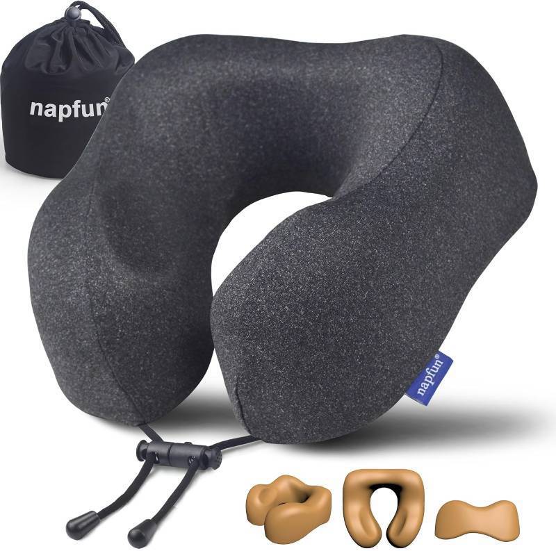lot 331293 image: napfun Neck Pillow for Traveling, Upgraded Travel Neck Pillow for Airplane 100% Pure Memory Foam Travel Pillow for Flight Headrest Sleep, Portable Plane Accessories, Full Black