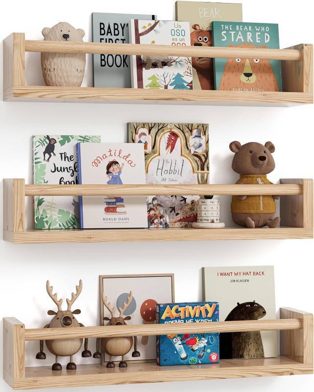 lot 321465 image: G&W Gruwald Nursery Book Shelves, Set of 3, Hanging Bookshelf, Wall Book Shelves for Bedroom Kids, Floating Shelf for Wall, Nursery Decor