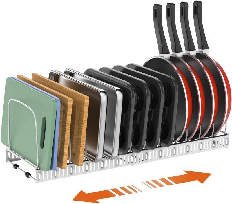 lot 421529 image: Housolution Cutting Board Organizer Rack, Expandable Baking Tray and Cookie Sheet Organizer with 14 Adjustable Dividers, Bakeware Muffin Tin Cupcake Pan Storage Organizer for Cabinet, White