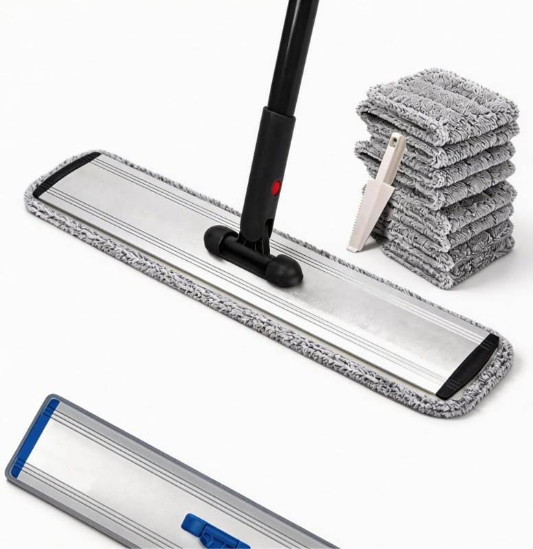 lot 461316 image: 24in Flat Mop for Cleaning Floors, Heavy-Duty Microfiber Wet Mop with Easy Wringing & Deep Cleaning, Includes 4 Reusable Mop Cloths and Adjustable Long Handle