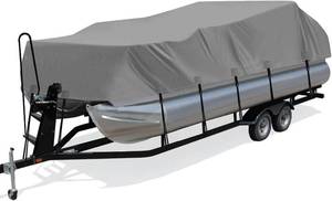 lot 271446 image: Retails for $150 Solim 19-21FT Pontoon Boat Cover, 1200D Heavy Duty Waterproof, UV Resistant  Marine Grade Oxford Fabric, Elastic Hem, Tear Resistant, Double Stitching, Adjustable Tie-down Straps, Fits Up to 8 Ft Beam