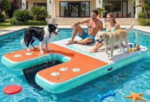 lot 301550 image: Retails for $180 8x5ft Extra Large Inflatable Dog Dock & Boat Ramp for Multiple Large Dogs  600 LBS Load Capacity, with Anti-Slip EVA Foam & Built-in Ice Bucket Compartment, Dog Water Ramp for Pool Boat Beach Orange