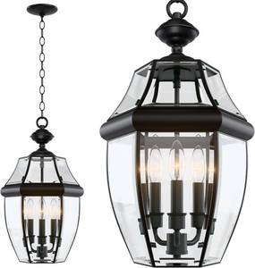 lot 361604 image: Retails for $140 Large Outdoor Pendant Light Fixture 3-Light, 20in Modern Black Outdoor Chandelier Hanging Porch Light, Metal Exterior Ceiling Mount Hanging Lantern with Clear Glass for Front Door, Entrance, Gazebo