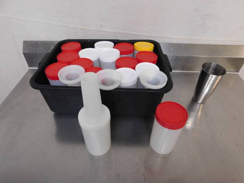 lot 730 image: Carlisle Salad Dressing Dispensers and Bus Tub