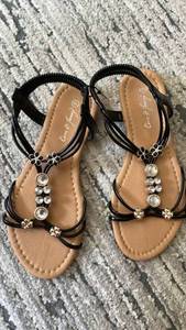 lot 162 image: Womens Sandals with Black Straps and Crystal Embellishments, Pair&nbsp