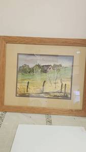 lot 231 image: Framed Watercolor Landscape Print Rural Farmhouse Scene -&nbsp