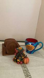lot 280 image: 3-Piece Decorative Home Accent Lot - Coasters, Mug, Fruit Candle Holder -&nbsp