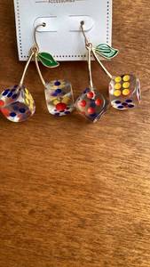 lot 347 image: Pair Dice Charm Dangle Earrings with Green Leaf Accents -