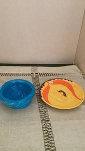 lot 365 image: 2 Piece Decorative Bowl Lot Blue Yellow Orange -&nbsp
