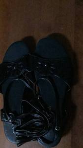 lot 369 image: Black Strappy Sandals with Floral Detail and Lace-Up Ankle sz 8 black