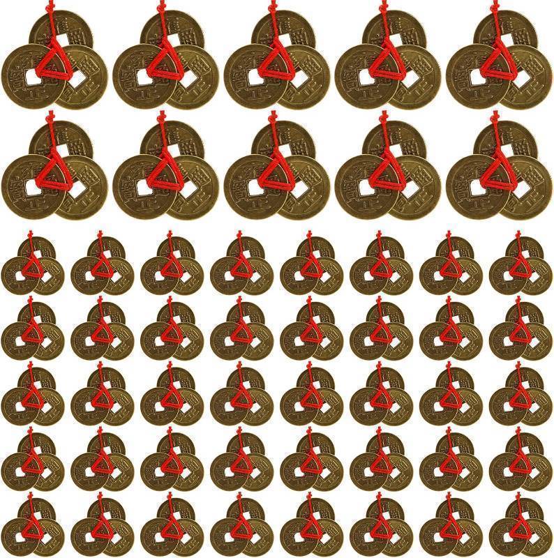 lot 64013 image: Peohud 150 Pieces Chinese Fortune Coins, 1 Inch Feng Shui Coins, Ancient Chinese Dynasty Coin with Red String for Chinese Lunar New Year Wealth, Good luck, and Success, 50 Sets Coins