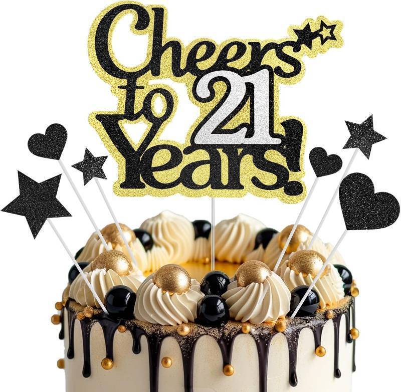 lot 67500 image: Cheers to 21 Years Cake Topper, Black Gold Happy 21st Birthday Cake Toppers for Women Men, 21st Anniversary Party Supplies,21 Years Old Birthday Party Cake Decorations Glitter for Him Her