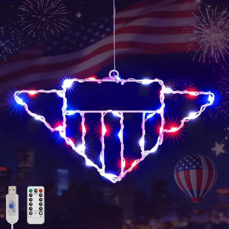 lot 67534 image: Luxspire 4th of July Decorations, Red White Blue American Medal Window Light, USB Powered 35 LEDs Independence Day Light with Remote, 8 Modes & Timer for Memorial Labor Day Home Decor, 1 Pack
