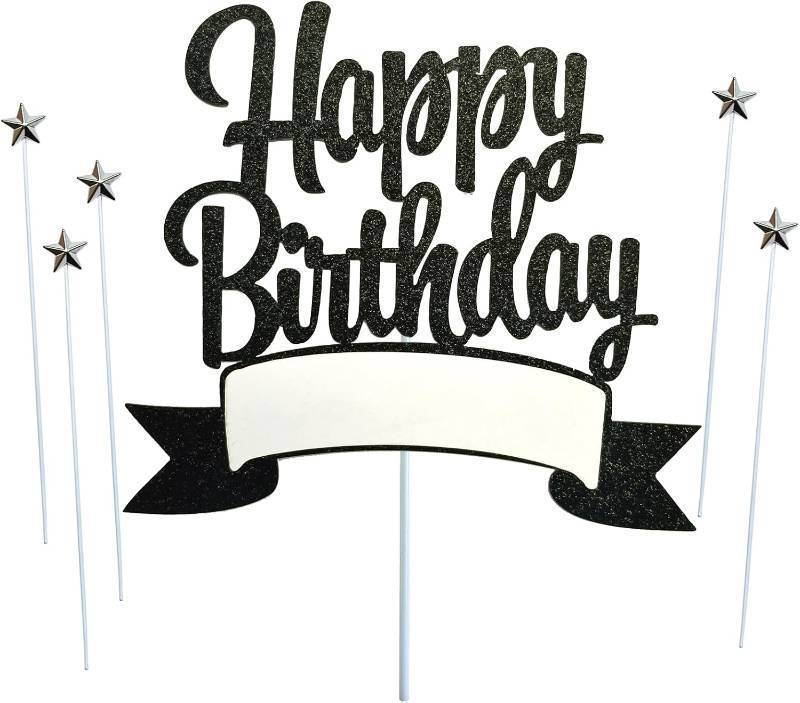 lot 67558 image: Glitter Writable Happy Birthday Cake Topper, 5 pcs silvery Star Cake Cupcake Topper,Anniversary Celebration Party Decoration, Birthday Cake Party Decoration Supplies (black)