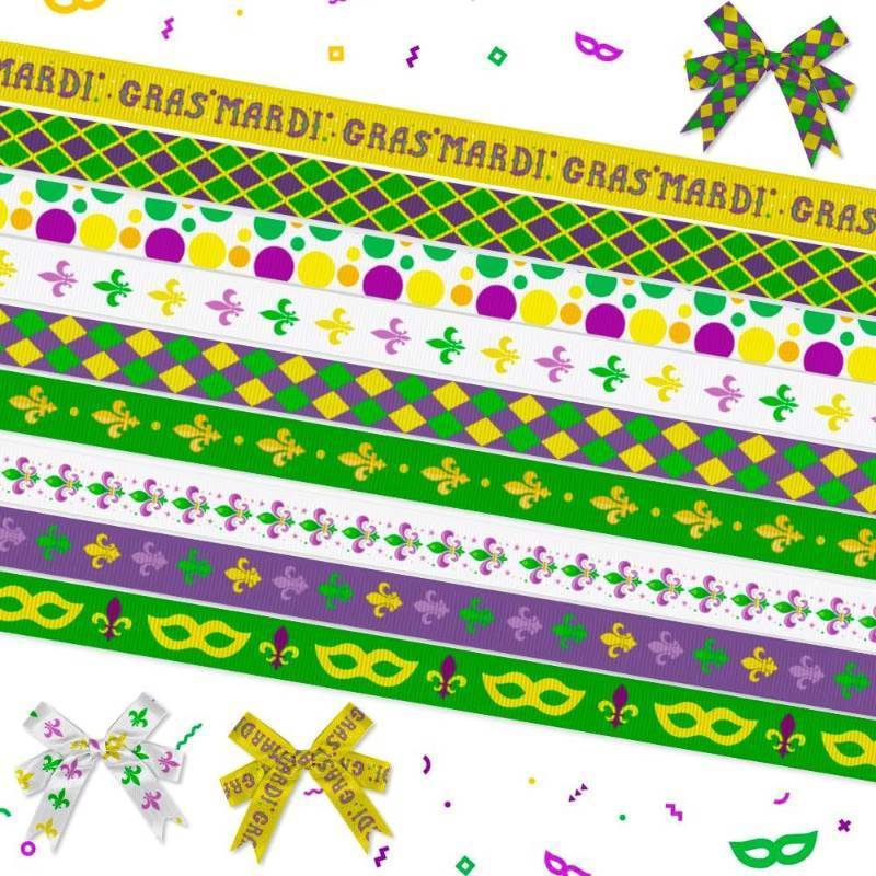 lot 67586 image: 9 Rolls 27 Yards Mardi Gras Ribbons Fleur de Lis Ribbons Diamond Star Dot Decorative Grosgrain Ribbons Green Purple 38 Ribbons for Gift Wrapping Crafts New Orleans Masquerade Party
