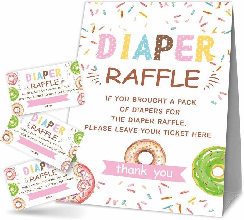 lot 67582 image: Baby Shower Games, 1 Diaper Raffle Standing Sign & 50 Tickets, Donuts & Confetti Theme - Gender Reveal, Baby Announcement, Party Decoration & Supplies-A02