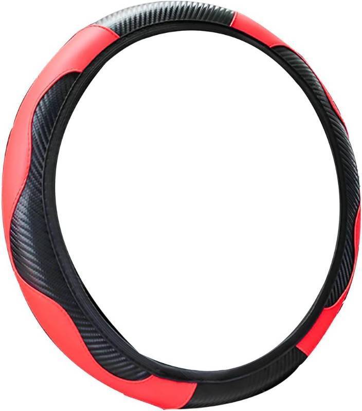 lot 67591 image: Fekey&JF 15 Inch Breathable Leather Steering Wheel Cover, BlackRed  elastic stretch fit, easy pull-on setup, full-rim coverage, fits most cars SUVs and vans, interior accessory