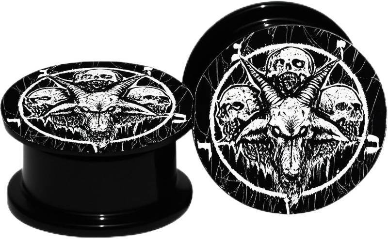 lot 67614 image: KUNIU Skull Design Acrylic Ear Plugs, Black with White Skull Pattern, 6mm-16mm Double Flared Screw Fit Gauges, Pair