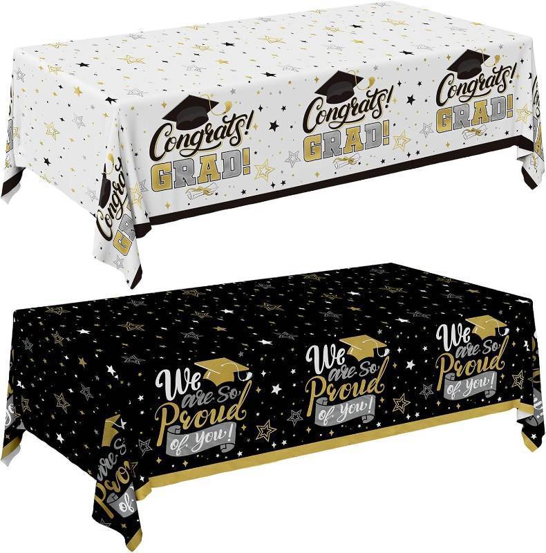 lot 67619 image: Graduation Decorations 2026-2 Pcs Black and Gold Gongrats Grad Tablecover for Graduation Party Decorations Grad Plastic Table Covers 54x108