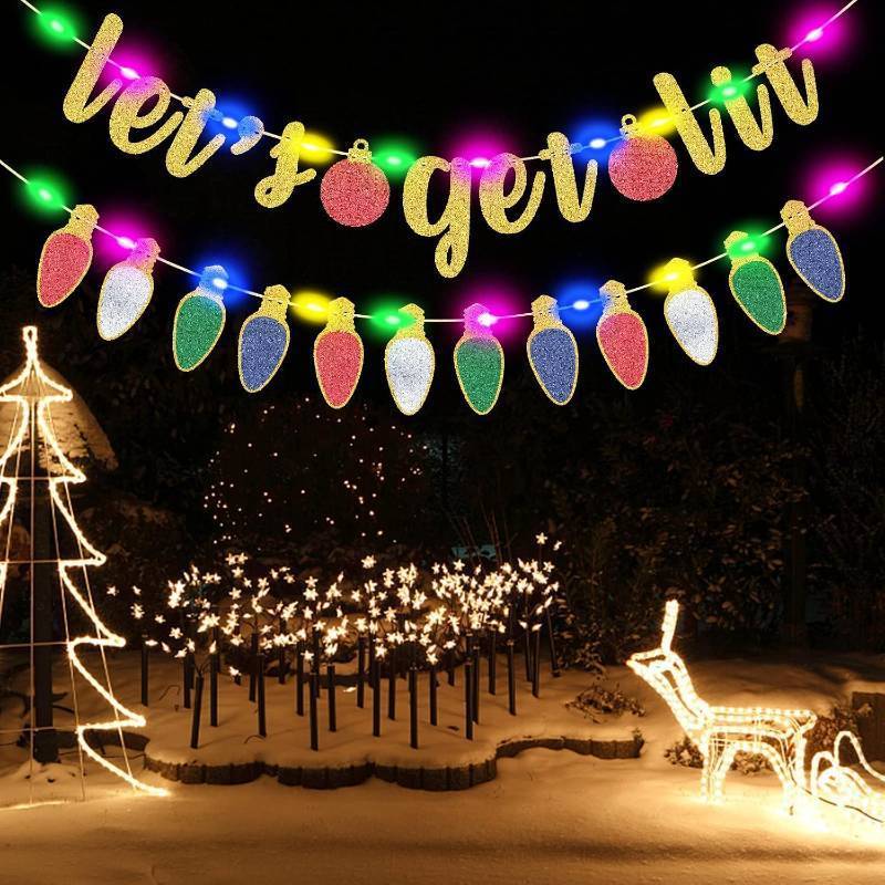 lot 67629 image: Glittery Gold Lets Get Lit Banner and Light Bulb Garland with Colorful Led Light Lets Get Lit Party Decorations Christmas Decoration Banner Ugly Sweater Party Decorations Xmas Holiday Party Decor