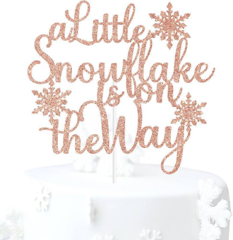 lot 67654 image: Rose Gold Glitter A Little Snowflake is on the Way Cake Topper, Winter Snowflake Chirstmas Baby Shower Babys Birthday Party Decorations Supplies