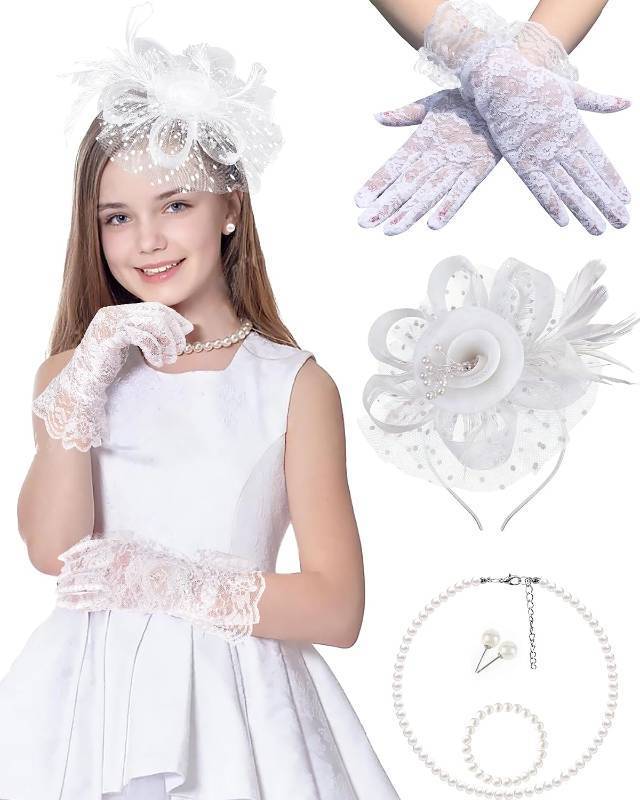 lot 67660 image: Gril Tea Party Hat Fascinators with Gloves for Church Wedding 1920s 50s Party Cosplay Accessories