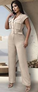 lot 85622 image: Womens Utility Jumpsuit Apricot - Sleeveless Wide Leg Romper with Belt New LARGE