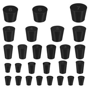 lot 67684 image: 27 Pack (10 Assorted Sizes) 000# - 7# Tapered Lab Bungs Solid Rubber Stoppers. MISSING ONE PLUG