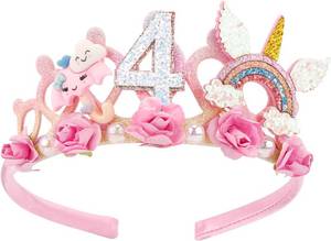 lot 67709 image: SuPoo 4th Birthday Headband Flower Crown for Girls Princess Tiara 4th Birthday Decorations for Girl Hair Band Cute 4 Year Old Party Decorations Accessory