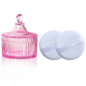 lot 67727 image: Body Powder Puff and Container, Glass Box for Dust Puff, Powder applicator with Case for Dusting Powder (Light Pink)