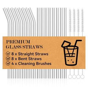 lot 67764 image: Foogwee  20 Packs Reusable Glass Straws Set, 8.5 x 10mm Clear Drinking Straws for Smoothies, Shakes, Coffee, Juice, Sodas, Milk, Tea, Cocktails, Set of 8 Straight and 8 Bent with 4 Cleaning Brushes