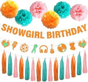 lot 67790 image: Showgirl Themed Party Decorations - 9PCS Glitter Showgirl Birthday Banners Paper Pom Poms Tassels for Party, Birthday Girl Era Bday Supplies Hanging Decor