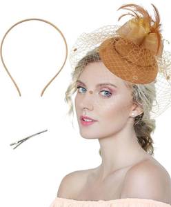 lot 67804 image: Kidukso Bridal Wedding Tiara Retro Mesh Topper Feather Hair Ornament Cocktail Tea Party Fascinators Hat Headwear with Veil