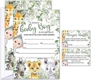 lot 67842 image: Set of 25 Baby Shower Invitations with Envelopes, Diaper Raffle Tickets and Baby Shower Book Request Cards, Jungle Animals 02,F5