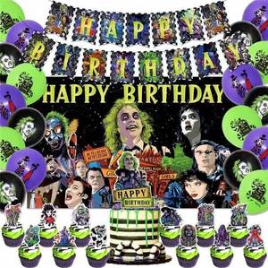 lot 67849 image: 42Pack Beetlejuice Party Supplies Pack Includes Banner Cake Topper Blackdrop,Balloons for The Beetlejuice party decoration