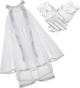 lot 67882 image: DDazzling Girls White First Communion Gloves and Holy 1st Communion Veil Girls Holy Ceremony,One Size