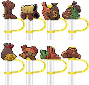 lot 67892 image: 8Pcs Capybara Cat Hawaii Flowers Bee Straw Covers Cap, 10mm Tennis Cowboy Straw Tips Cover for Stanley 30&40 Oz Tumbler with Handle (Cowboy)