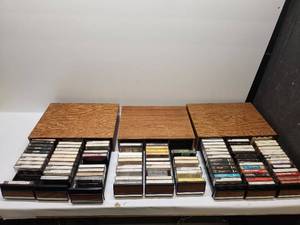 lot 31 image: Lot of 3 Wood Cassette Storage Cabinets with Approximately 200 Cassette Tapes