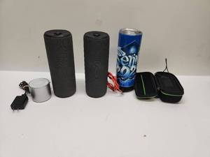 lot 45 image: Audio Speaker Lot 2 Cylindrical Bluetooth Speakers 1 Tumbler Speaker Accessories