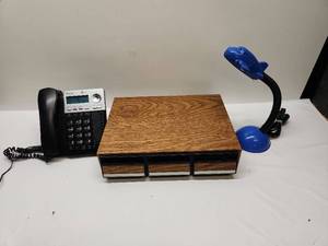 lot 60 image: AT&T 2 Line Speakerphone with Wood Desk Organizer and Blue Desk Lamp